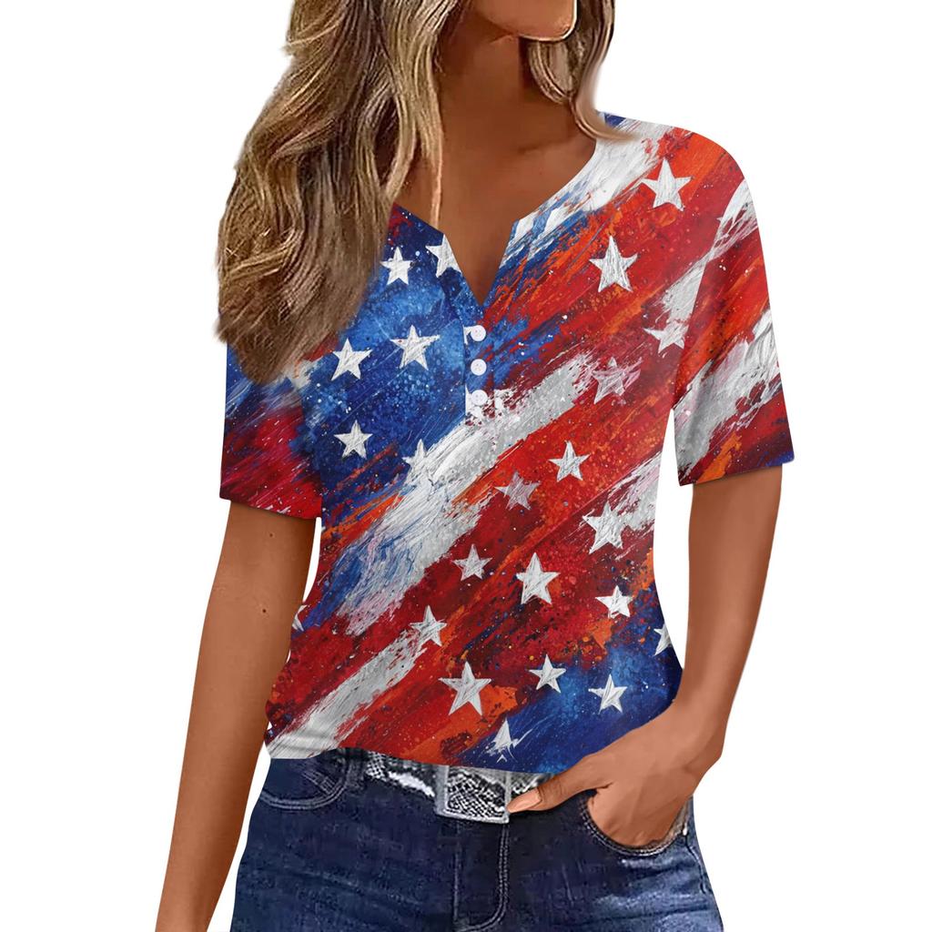 Women's T Shirt Independence Day Print Button Short Sleeve Daily Weekend Fashion Basic V- Neck Regular Top