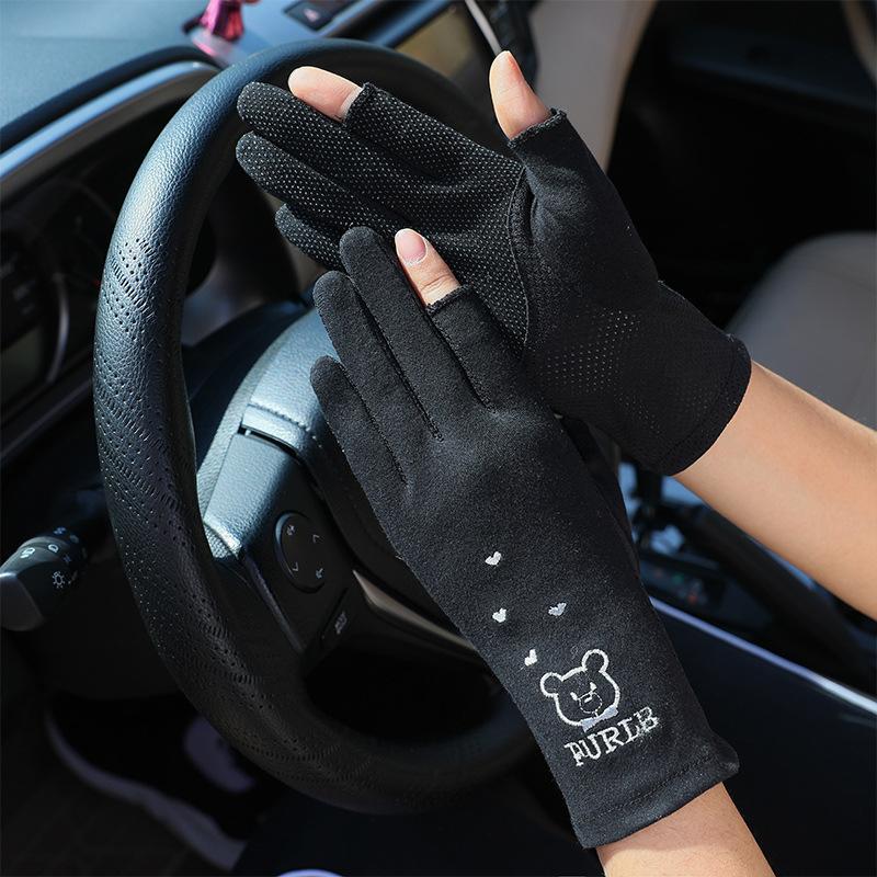 Women Lace UV Protection Gloves, Cotton Two-Finger Exposed Cute Driving Sunscreen Summer Gloves