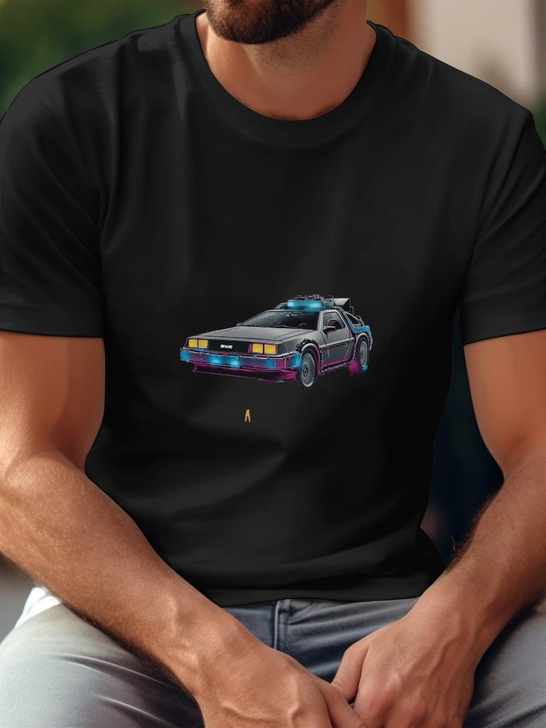 Back to the Future Retro 80s Graphic T-shirt - Black 180g Cotton Crew Neck Short Sleeve Tee with Single-Sided DeLorean Time Machine Print