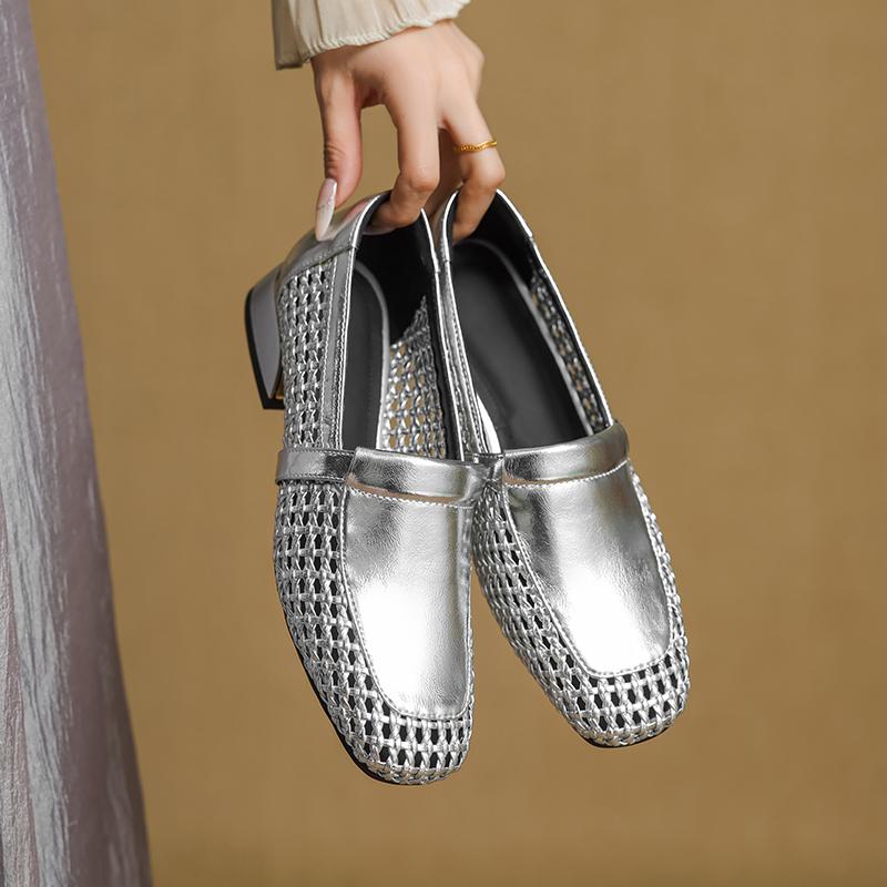 Fashion 2025 Retro Women Trend Summer Hollow Flat Shoes Genuine Leather Lady Round Closed Toe Low Heel High Heels Women Shoes for Women