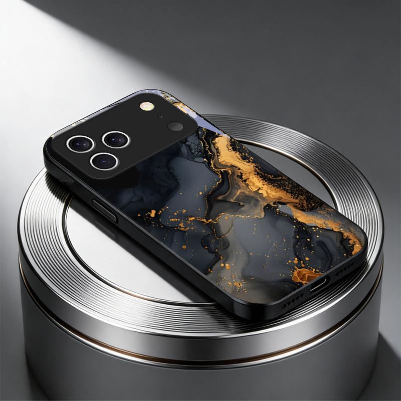 Abstract Gold Swirl Art Black Glass Phone Case For iPhone 18 17 Air 16 E 15 Plus 14 Pro Max 13 12 Mini 11 7 8Plus X Black Cover