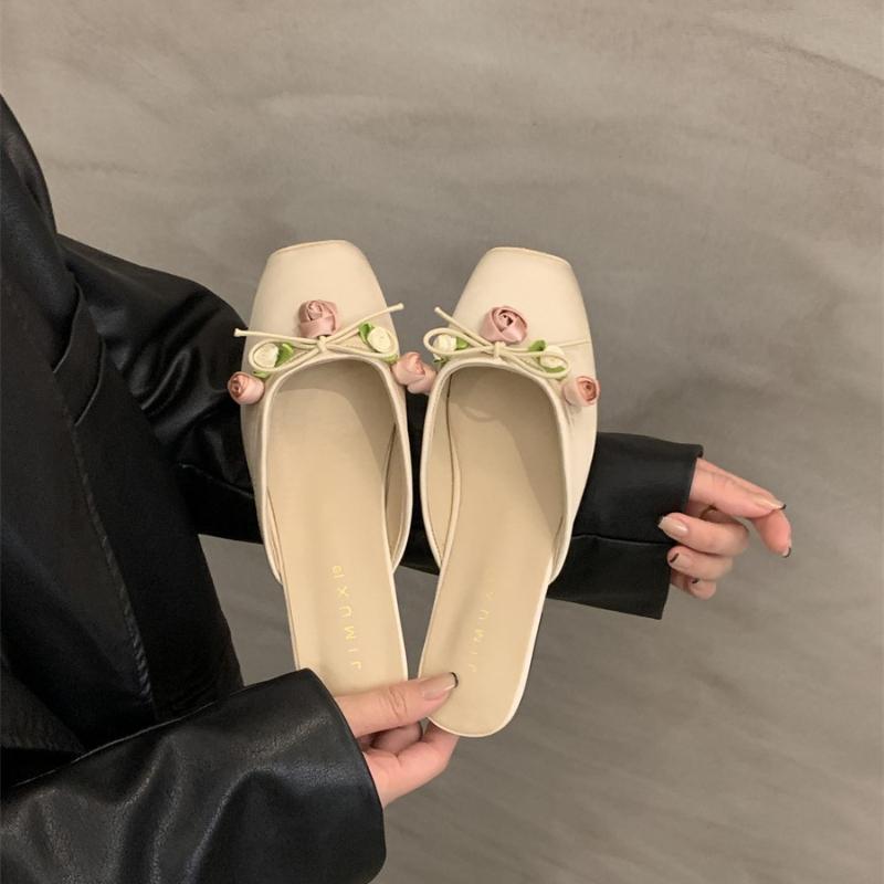 2024 New Women Baotou Half Slippers Ladies Square Toe Thick Heel Muller Sandals for Outer Wear Flat Bottom Zapatos Mujer Summer