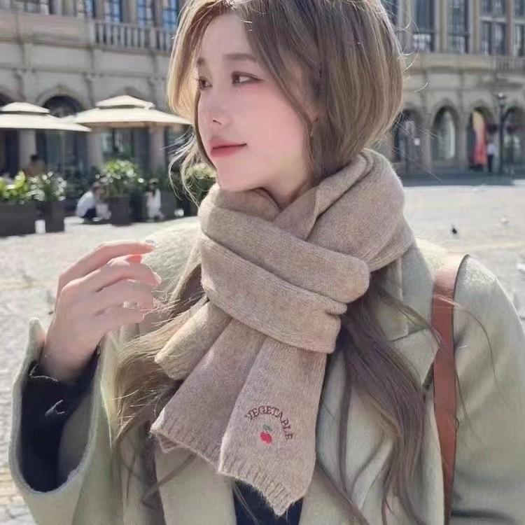 New Korean Style All-match Cute Cherry Scarf for Women In Autumn and Winter Student Couple Warm Embroidered Word Scarf All Match