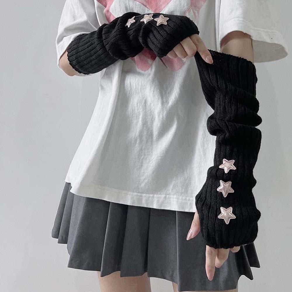 Long Y2K Star Arm Cover Solid Color Warmer Long Cuff Knitted Fingerless Sleeves Cosplay