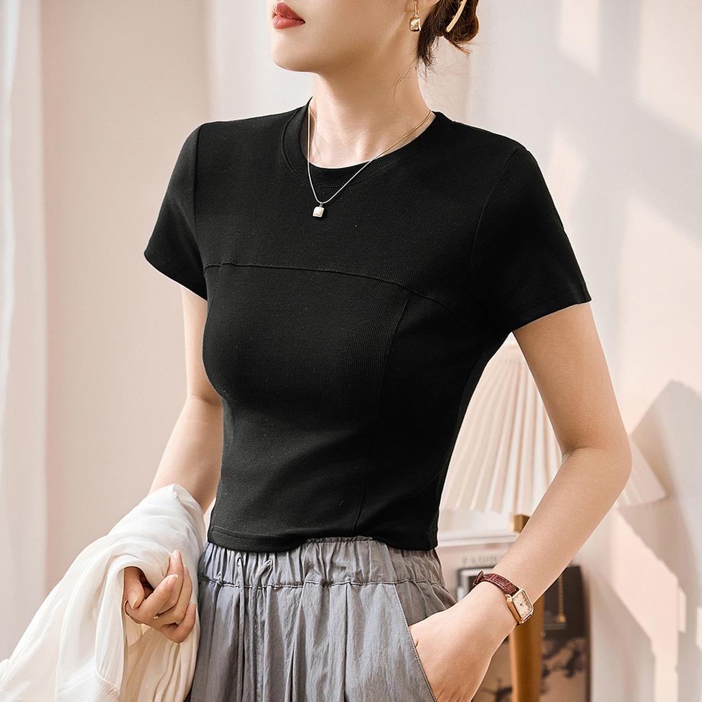 Grade Design and Bright Line Waist-hugging and Slimming Short-sleeved T-shirt for Women's Summer Clothing
