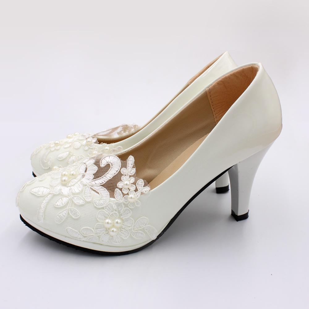 Zapatos de Boda de Encaje Blanco Plano - Talla Grande, Zapatos para Dama de Honor y Novia, Boca Baja, Zapatos Planos de PU para Mujer