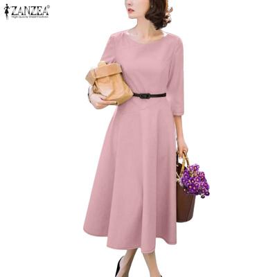 Women Casual Round Neck Solid Color 3/4 Sleeve Dress