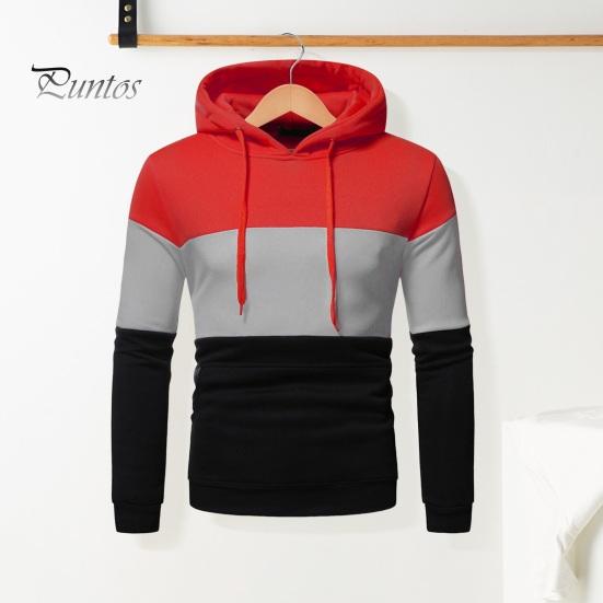 Men Fall Winter Hoodie Colorblock Drawstring Long Sleeves Big Pocket Hooded Retro Thin Loose School Daily Wear Casual Sport Top