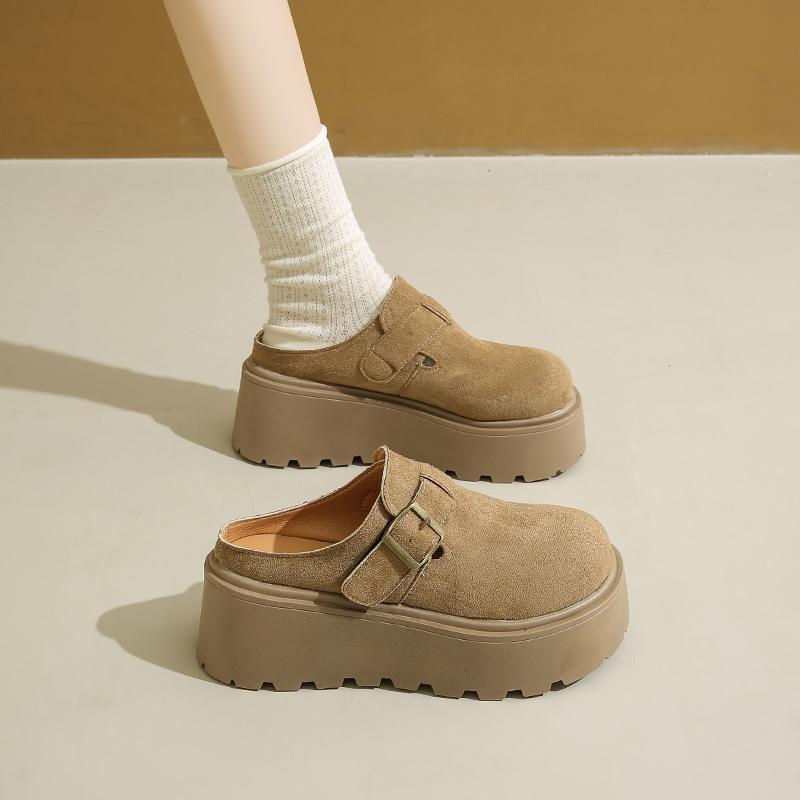 CRLAYDK Women's Platform Heel Mules Casual Buckle Shoes Closed Toe Backless Slip On Walking Increase Height Wedge Slippers