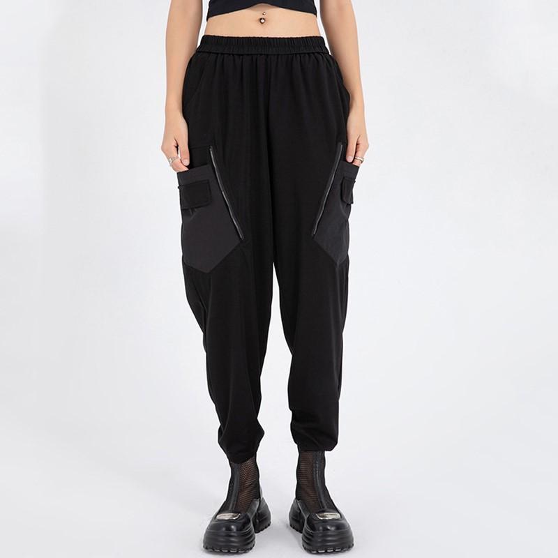 Plus Size Vintage Black Patchwork High Waist Casual Loose Summer Cargo Pants Women Trousers