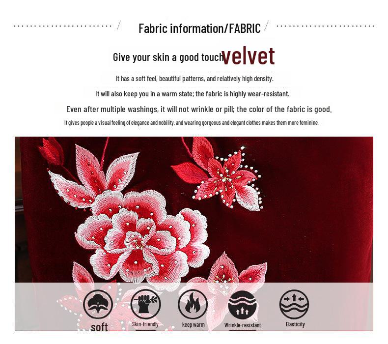 2025 Velvet Rhinestone Embroidered Cheongsam with Slim Fit and Three-Quarter Sleeves