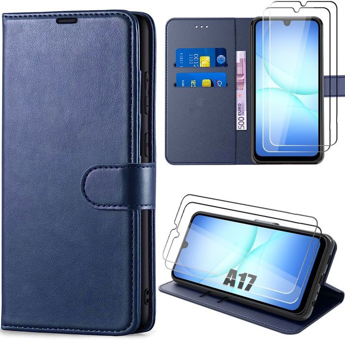 Coque de Protection - BOOLING - pour Samsung Galaxy A17 4G/5G - Synthécuir Bleu Marine - 2 Verres Trempés