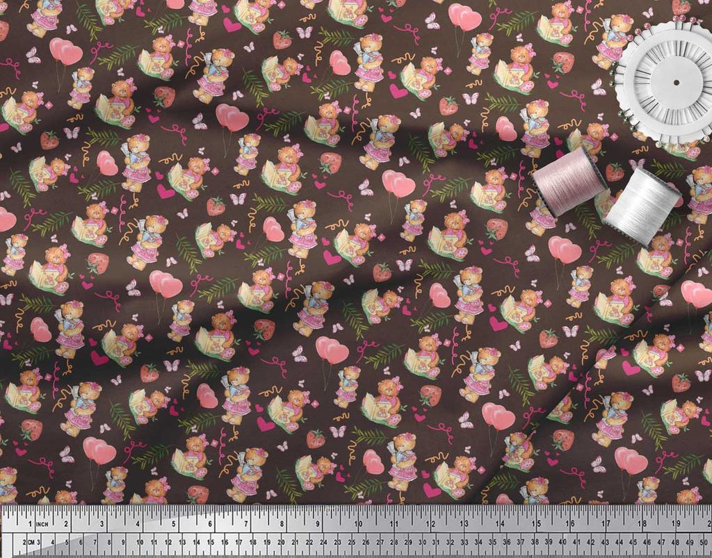 Soimoi Brown Japan Crepe Satin Fabric Balloon & Teddy Bear Kids Printed Craft Fabric by the Metre 42 Inch