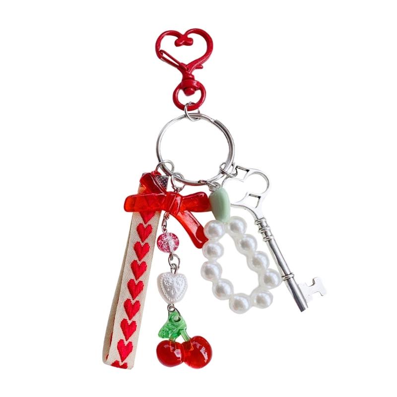 

Unique Handmade Keychain Faux Pearls Beads and Cherry Bowknot Charm Keyring for Girls Stylish Backpack Accessory