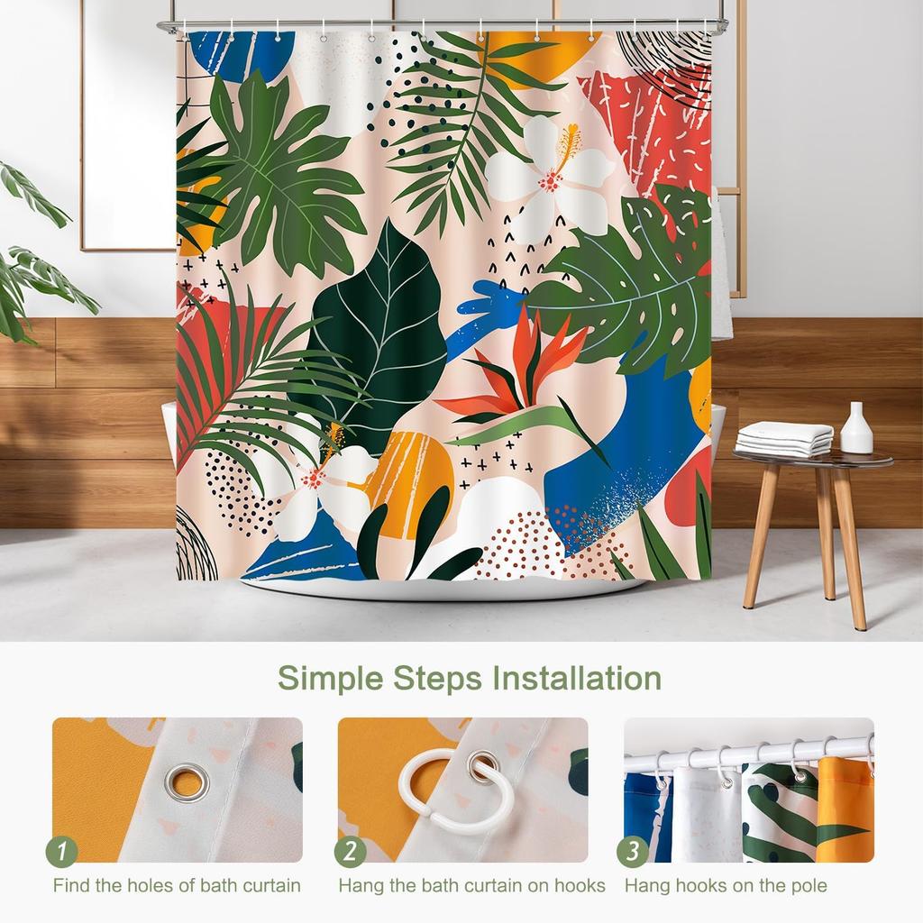 Tropisches Blatt Duschvorhang Palme Monstera Blumen Abstraktes Muster Badezimmer Dekoration Wasserdichtes Gewebe Boho Sommer Stil Zuhause