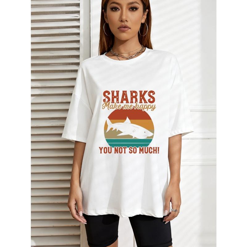 

Vintage Oversized T-Shirt with Retro Gradient Shark Print – SHARKS Make me happy Fun Slogan Top XXXXL білий