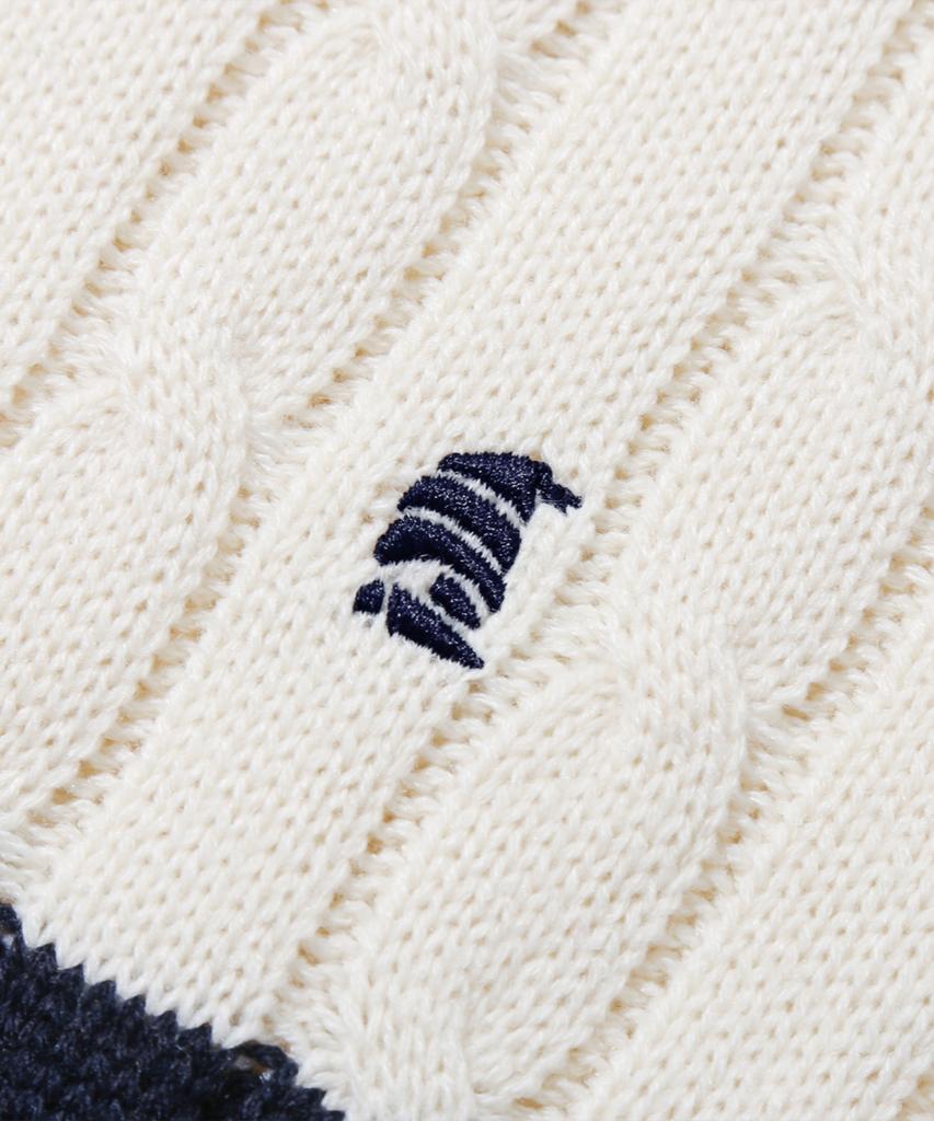 TRILLION Washable Boat Embroidery Cable Crew Neck Knit (Navy Stripe)