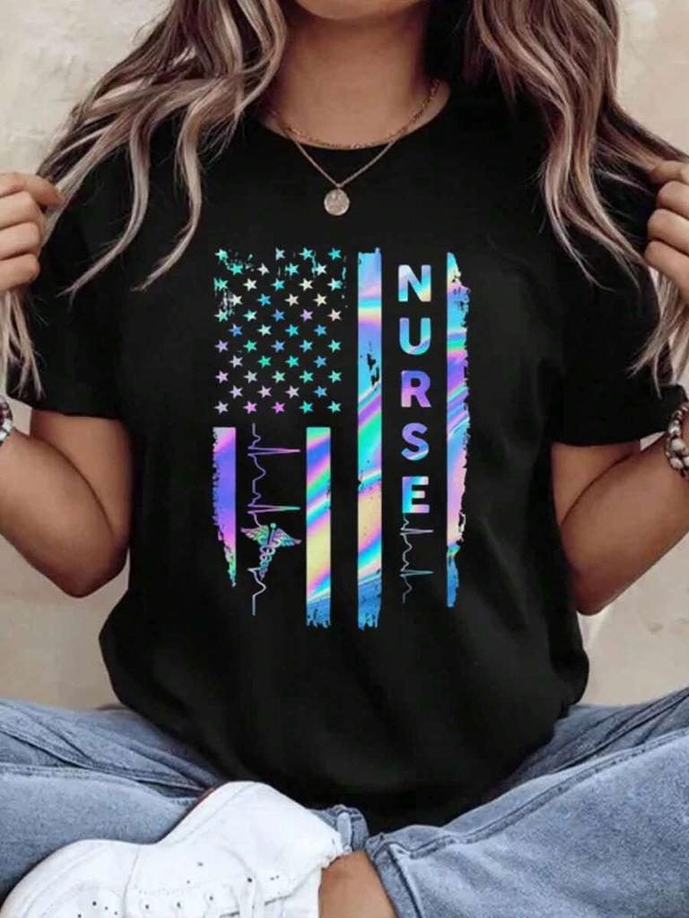 Nurse American Flag Holographic Design Tshirt For Healthcare Professionals Patriotic Medical Gift For Nurses National Nurses Da