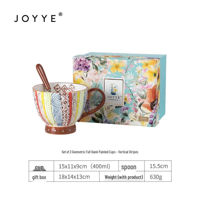JOYYE Hand-painted Geometric Ceramic Mugs with Spoons, Set of 2