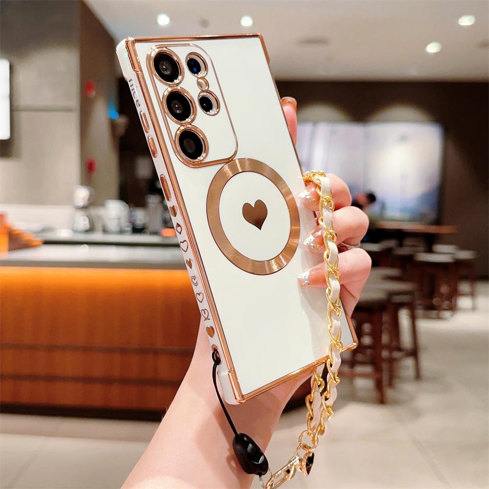 For Magsafe Love Heart Wrist Chain Case for Samsung Galaxy S25 S24 Ultra S22 Plus S23 S21 S20 FE Magnetic Bracelet Plating Cover