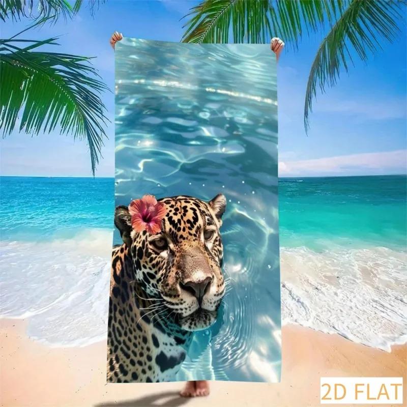 Vibrant Full Hibiscus Leaves Leopard Ocean Wave Pattern Soft Portable Microfiber Beach Towel For Tropical Beach Party Travel