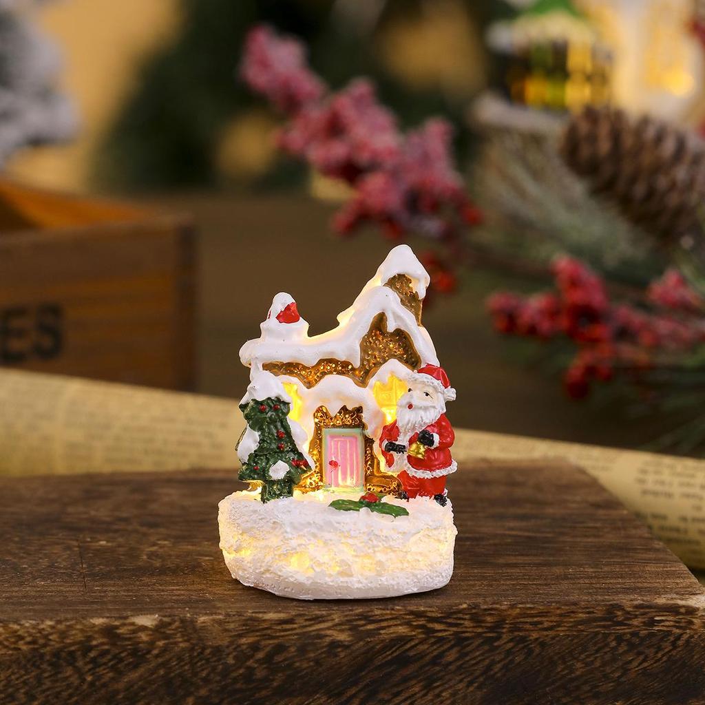 Glowing Resin Christmas House with Santa & Snowman Ornament