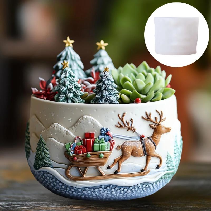 Elk Snow Run Gift Succulent Plant Pot Silicone Mold Christmas Reindeer Resin Plaster Pot Mould Cute Elk Concrete FlowerPot Molds