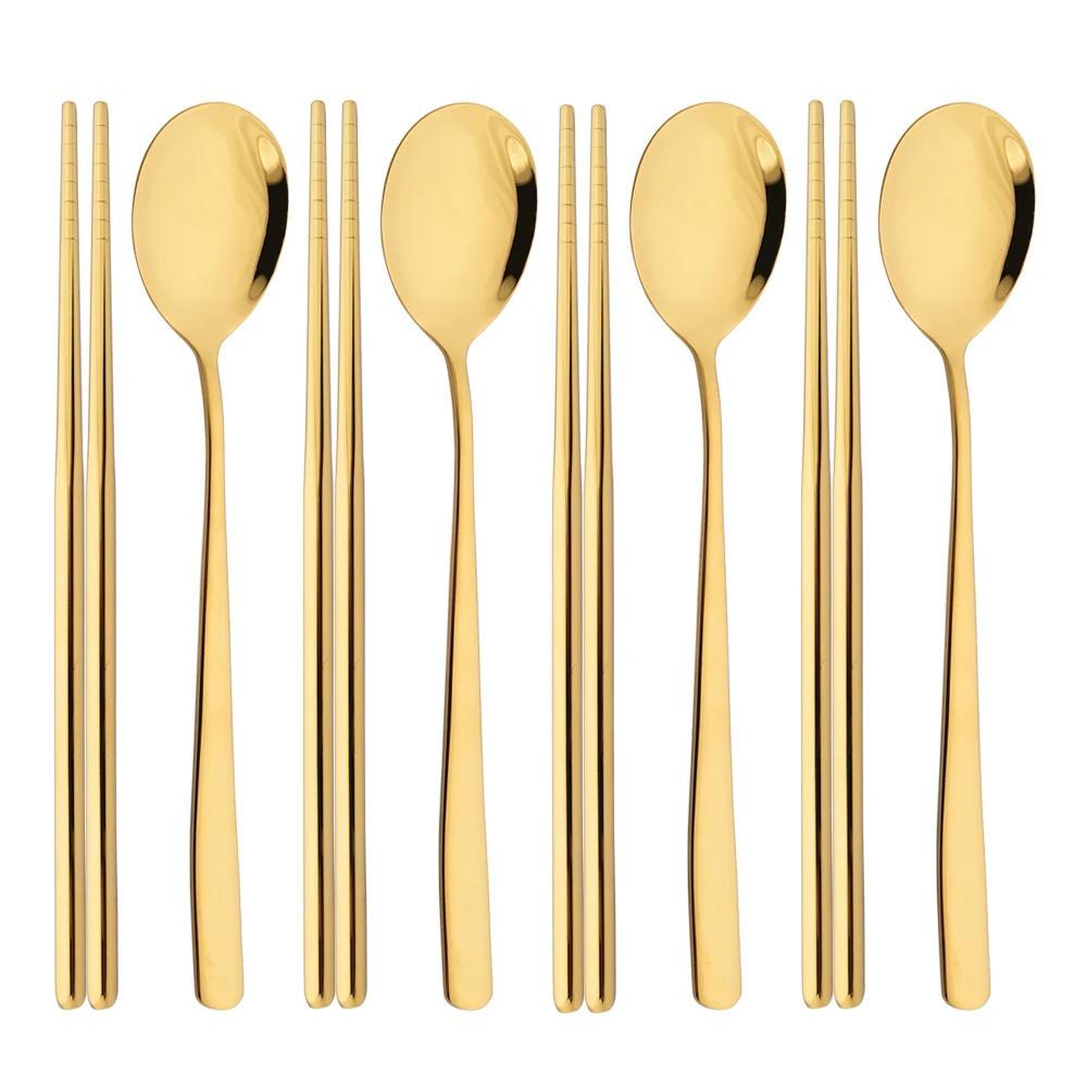 304 Edelstahl Besteckset Sushi Stäbchen Esslöffel Set 8/10 Stück Geschirr Koreanische Essstäbchen Dessertlöffel Besteckset