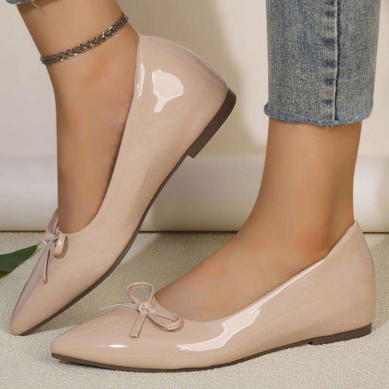 Plus Size Single Shoes Women's Pointed Toe Shallow Mouth Bow Patent Leather Slip-on Soft Slip Flats
