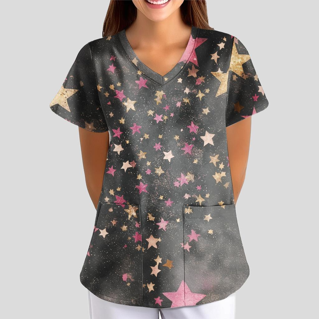 Women's Floral Print Loose V-neck Short-sleeved Uniform/ Uniform