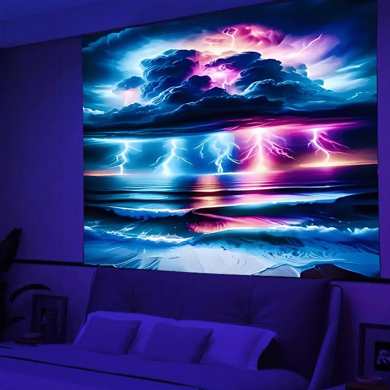 Ultraviolet cosmic vortex luminous tapestry, indoor mood to create atmosphere, psychedelic luminous art, bedroom decoration