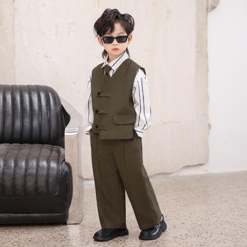 Boys Formal Suit Set 4 Piece School Kids Vest Shirt Pants Tie Gentleman Outfit for Wedding Party Birthday Photoshoot Performance 2-12Y