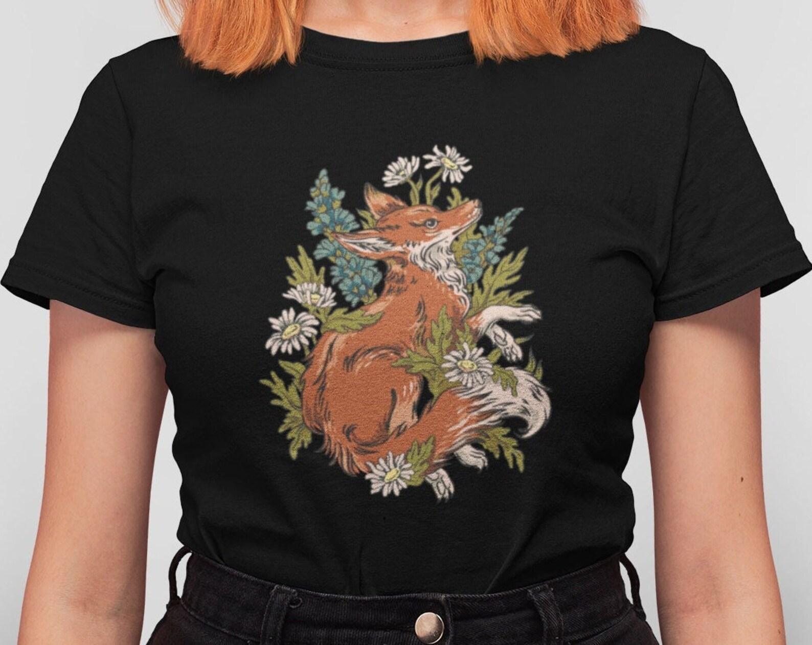 Fox T-shirt women forest graphic nature plants animal motif shirt woman birthday gift t-shirt botanical XL