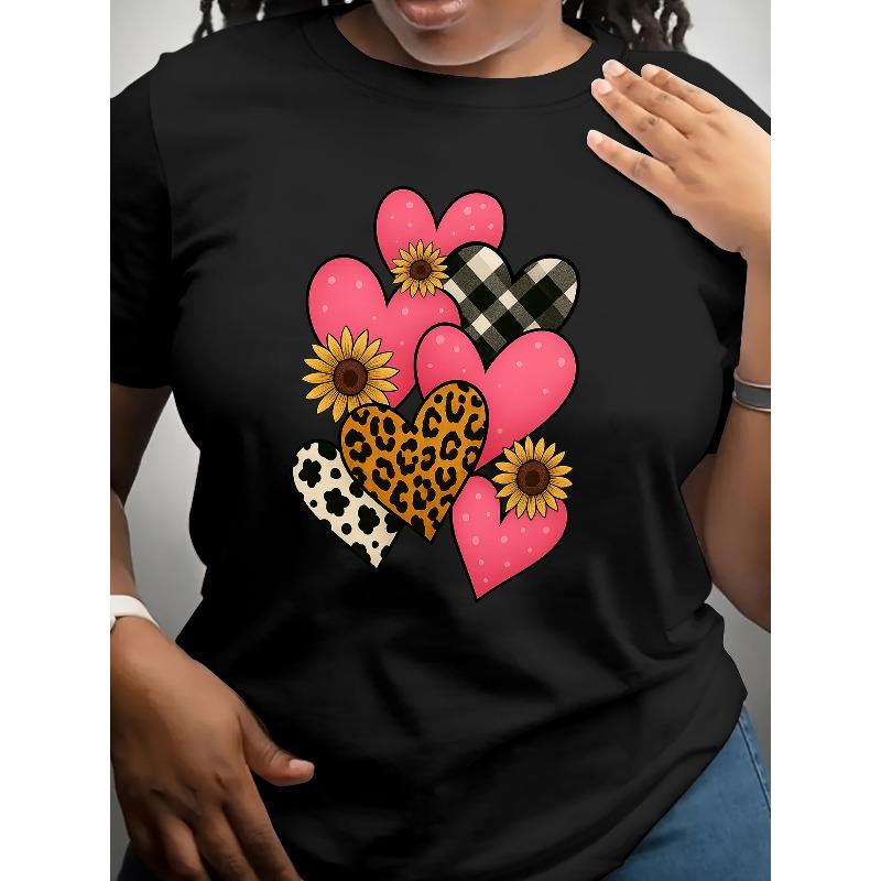 

European Size 180g Milk T-shirt - Love Print Pattern, Valentine s Day Casual Short Sleeved Top, Regular Spring, Summer, Autumn Fit Round Neck Style 4XL