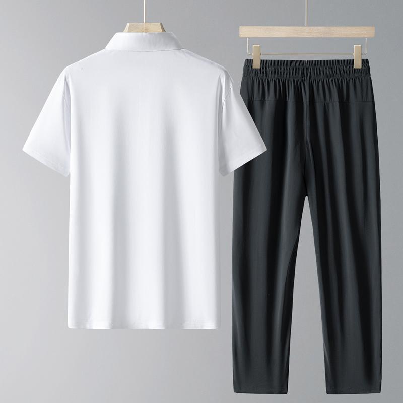 Traje Deportivo para Hombres de Mediana Edad y Mayores, Casual de Seda Helada de Manga Corta, Conjunto de Dos Piezas para Hombres