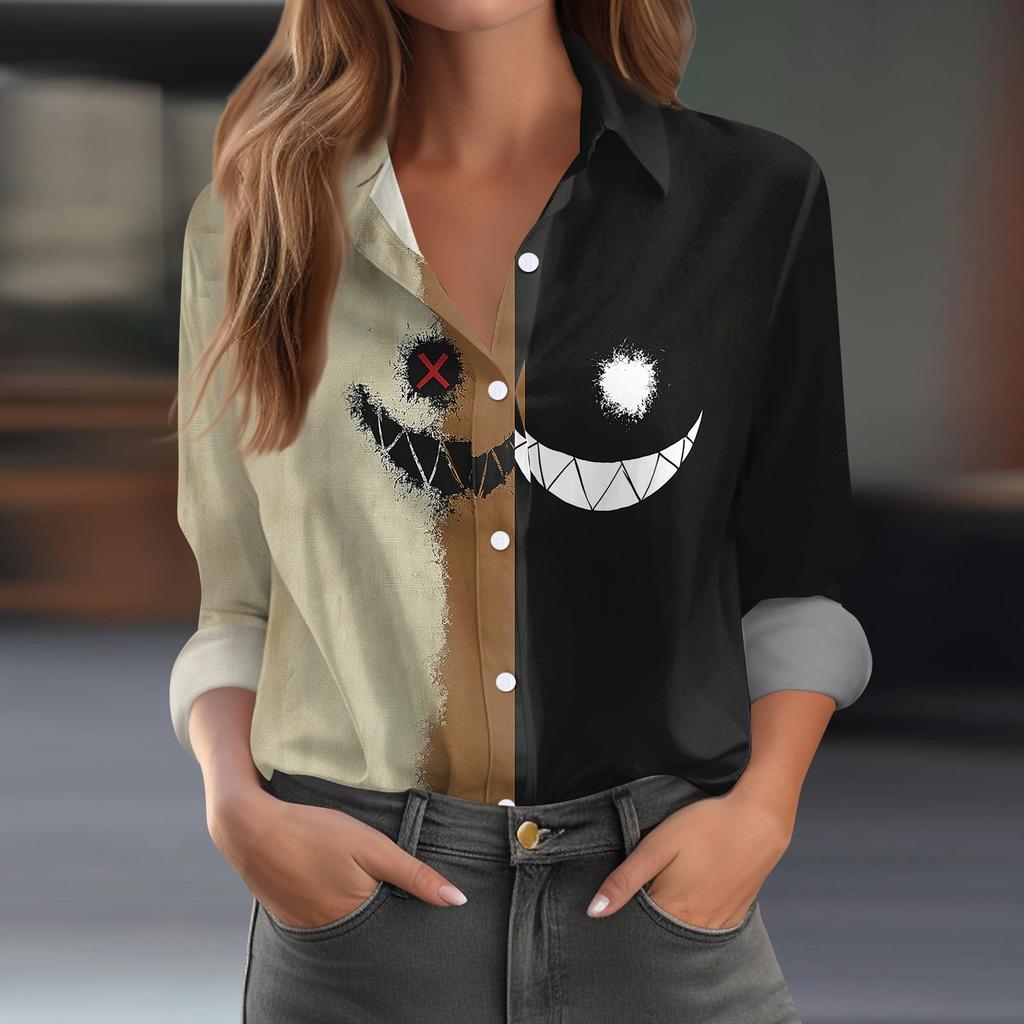 Women's Halloween Printed Long Sleeve Casual Button Down Shirt