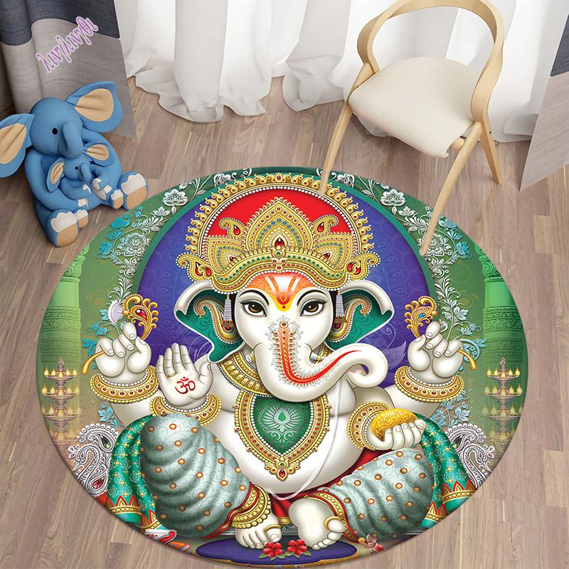 Auspicious Elephant Circular Carpet Home Decoration Bedroom Area Soft Flannel Mats Bohemian Style Room Decoration Carpet