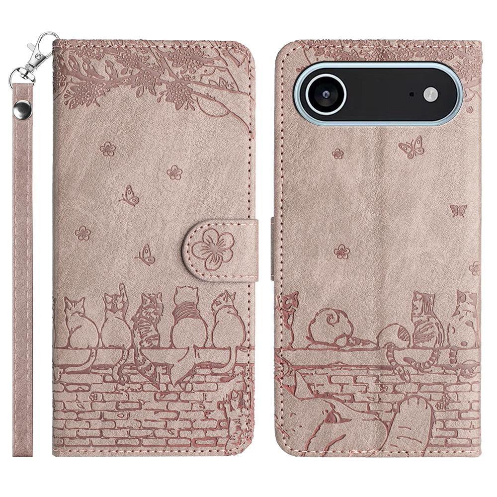 For iPhone 17 Air Case with Wrist Strap Leather Phone Cover Wall Cats Pattern