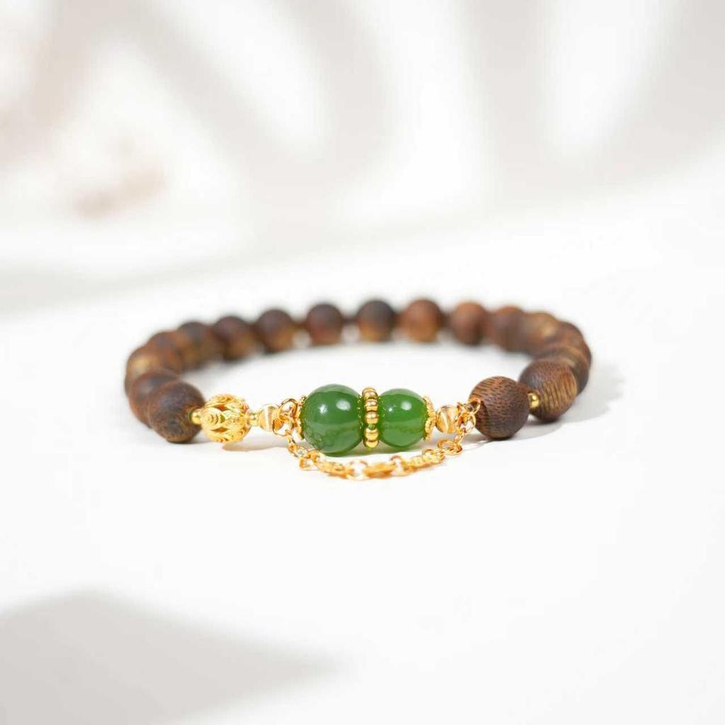 Agarwood Emerald & Hetian Jade Sterling Silver Beaded Bracelet - New Chinese Style