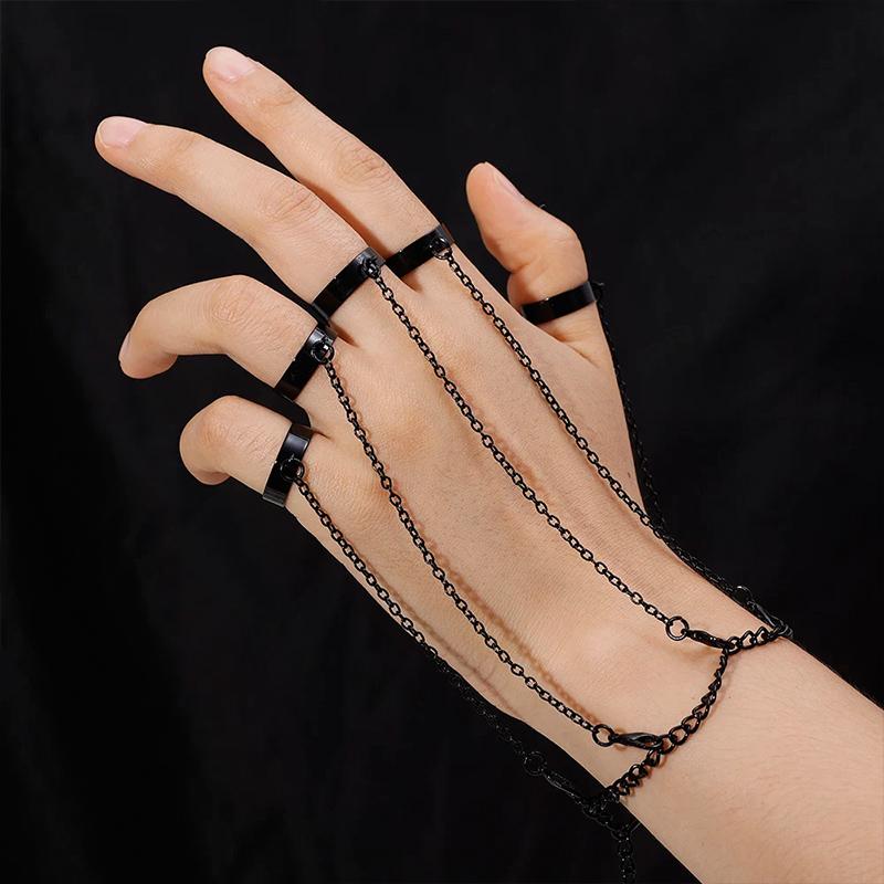 Punk Geometric Black Color Chain Wrist Bracelet Ring For Women Men Open Ring Copper Link Chain Girls Cool Design Fashion Jewelry