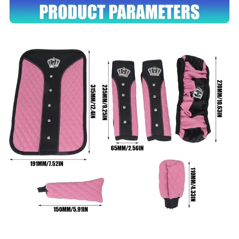 Leather Look Car Interior Accessory Kit with Quilted Wheel Cover, Armrest Pad, Belt Pads, Gear Handle and Handbrake Covers for Commuters