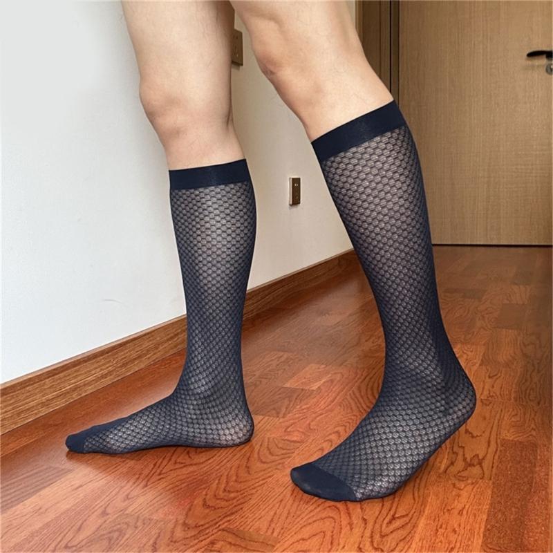 Men Thin Business Dress Socks Stretchy Nylon Sheer Knee Highs Dress Socks Over the Calf Dress Socks Sheer Casual Socks