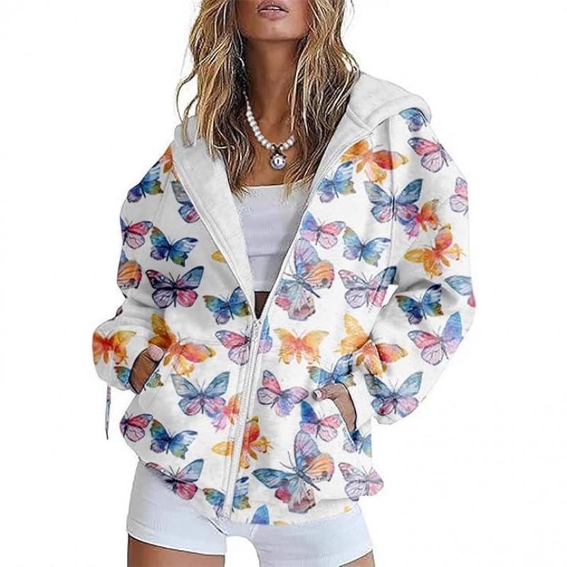 Womens Oversized Hooded Zip-Up Sweatshirt With 3D Printed Winter Casual Loose Fit