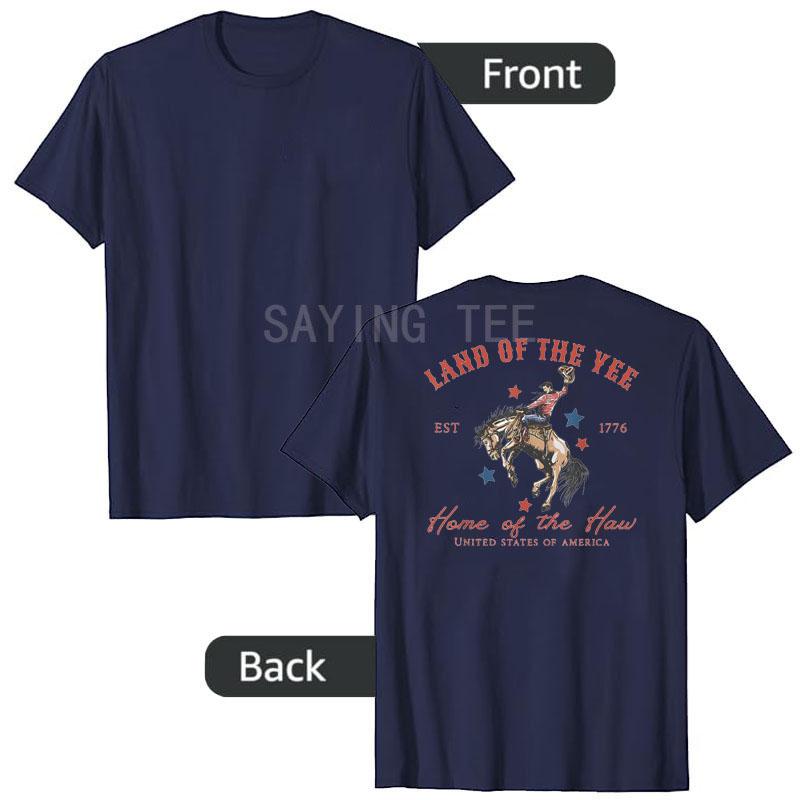Land of The Yee Home of The Haw Cowboy Western 4th of July T-Shirt Funny Y2k Design Cow American Flag Graphic Outfit Saying Tee