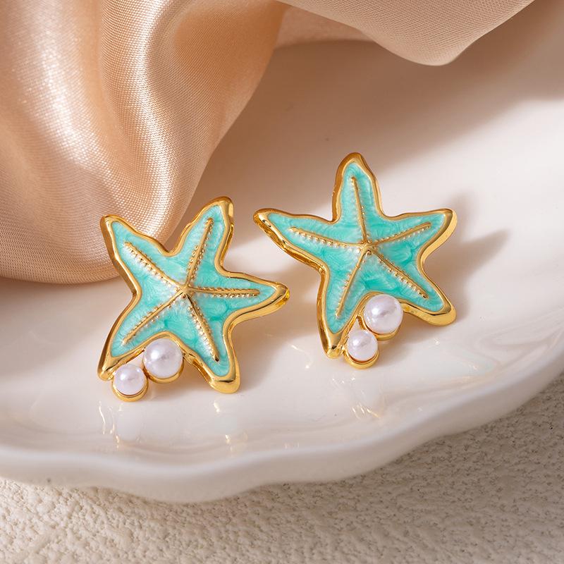 Colorful Drip Oil Starfish Mother-of-Pearl Pearl Stainless Steel Stud Earrings - Women's Non-Fading Light Luxury
