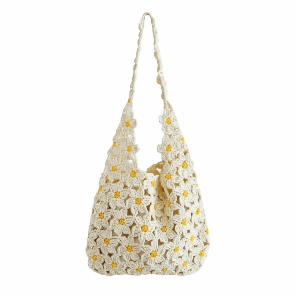 

Drawstring Inner Liner Crochet Floral Tote Cotton Yarn Shoulder Bag Handmade Gift for Her білий