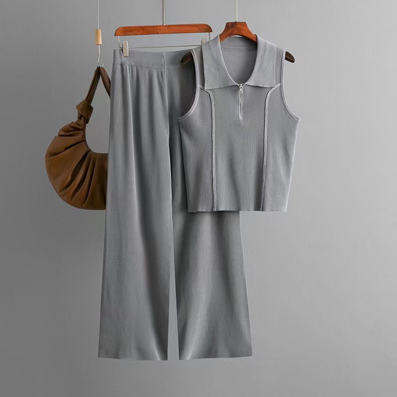 

Fashion Wind New Arrival Knitting Zipper Vest Loose Pants Two-piece Set Knitted Vest and Pants Set Gray One size