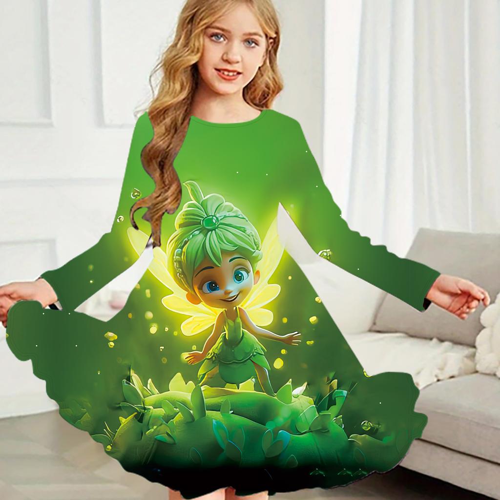 Mädchen Casual Blumenfee Druck Rundhals Langarm Kleid Kind Prinzessin Kleid