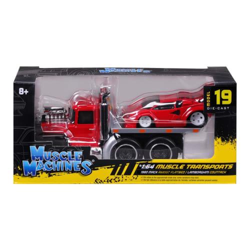 Maisto 1/64 Scale Muscle Machines 1980 MACK R685ST Flatbed/Lamborghini Countach Red Diecast Model Car 11552