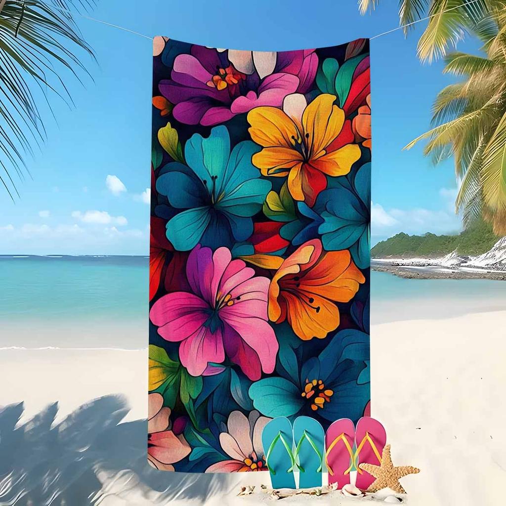 1pc Floral Collection Oversized Soft Printed Beach Towel - Vibrant Cartoon-Style Floral Pattern, Lightweight Super Fine Fiber